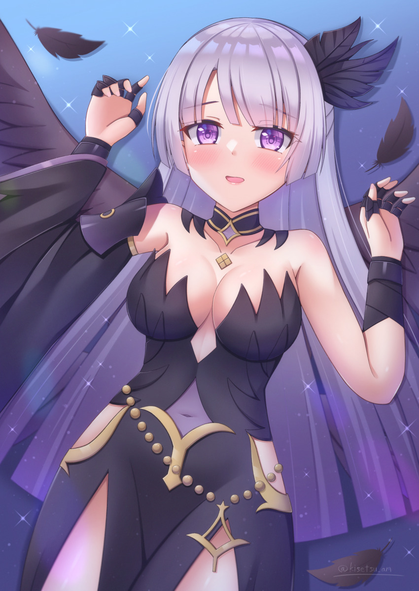 1girl, blue_background, blush, breasts, cleavage, collarbone, commentary_request, feather_hair_ornament, feathers, hair_ornament, highres, kisetsu_an, lily_(fallen)_(princess_connect!), long_hair, looking_at_viewer, medium_breasts, navel, princess_connect!, purple_eyes, purple_hair, lily_(princess_connect!), solo, twitter_username, wings