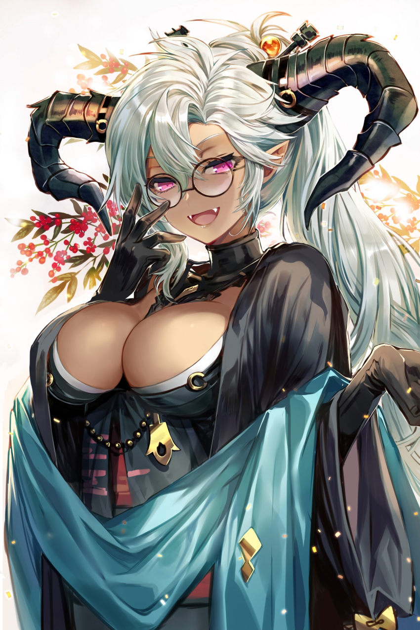 1girl, :d, adjusting_eyewear, black-framed_eyewear, black_gloves, black_horns, black_kimono, breasts