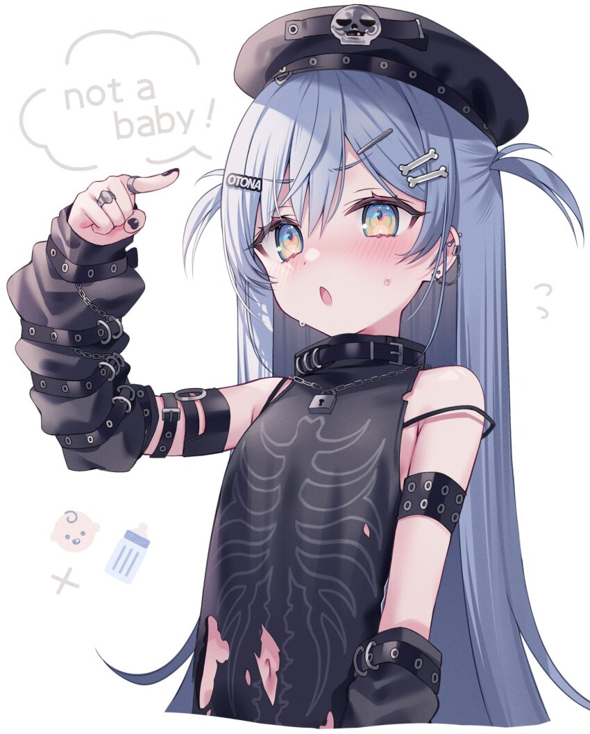 1girl, bare_shoulders, beret, black_nails, blush, cropped_torso, detached_sleeves, ear_piercing