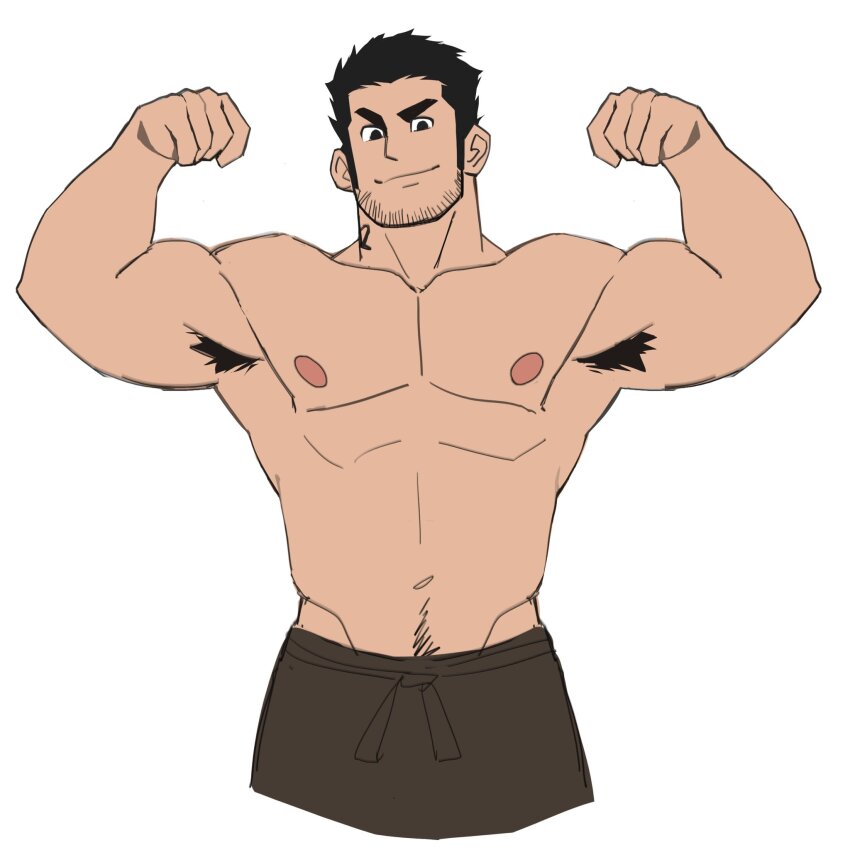 1boy, abs, akunaakun_(kunkun586586), apron, armpit_hair, armpits, bara, beard_stubble, black_hair, cropped_legs, double_biceps_pose, facial_hair, flat_color, flexing, groin, highres, large_pectorals, long_sideburns, looking_at_viewer, lucas_lee, male_focus, muscular, muscular_male, navel, navel_hair, nipples, pectorals, scott_pilgrim_(series), scott_pilgrim_takes_off, short_hair, sideburns, smile, solo, stomach, stubble, thick_eyebrows, topless_male, waist_apron, white_background