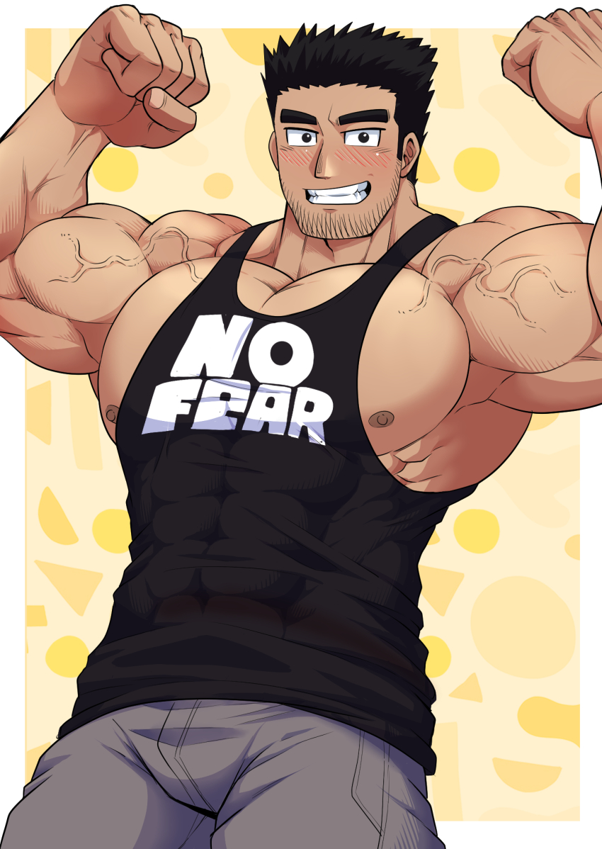 1boy, bara, beard_stubble, black_hair, black_tank_top, clothes_writing, covered_abs, cowboy_shot