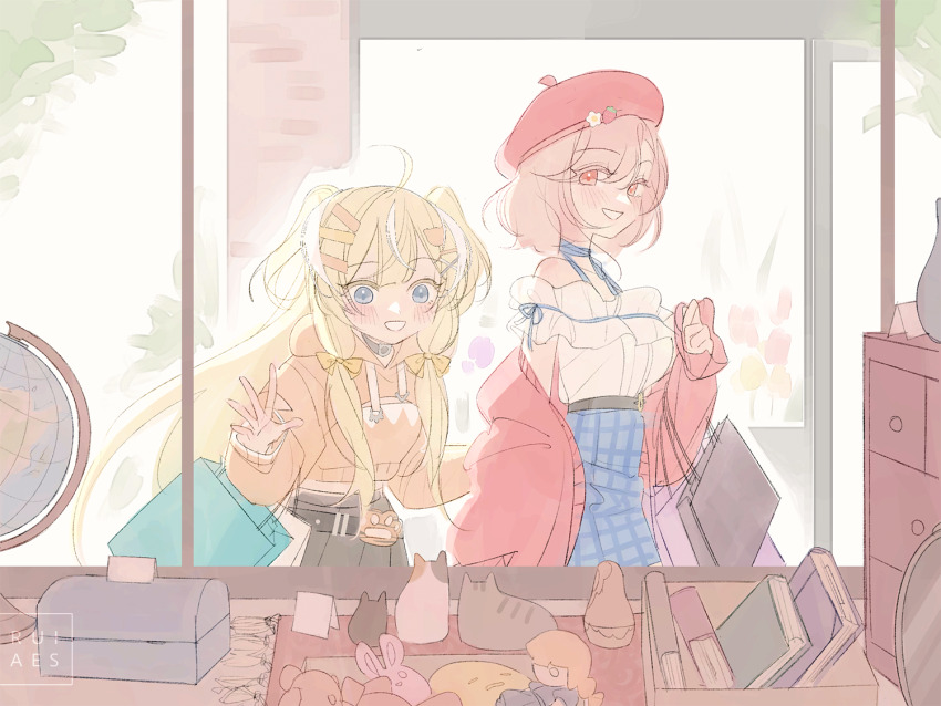 2girls, ahoge, artist_name, bag, belt, belt_buckle, beret, black_choker