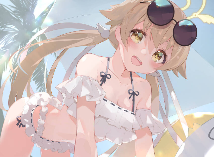 1girl, bana_(stand_flower), bare_legs, bare_shoulders, bikini, blue_archive, blush, cowboy_shot