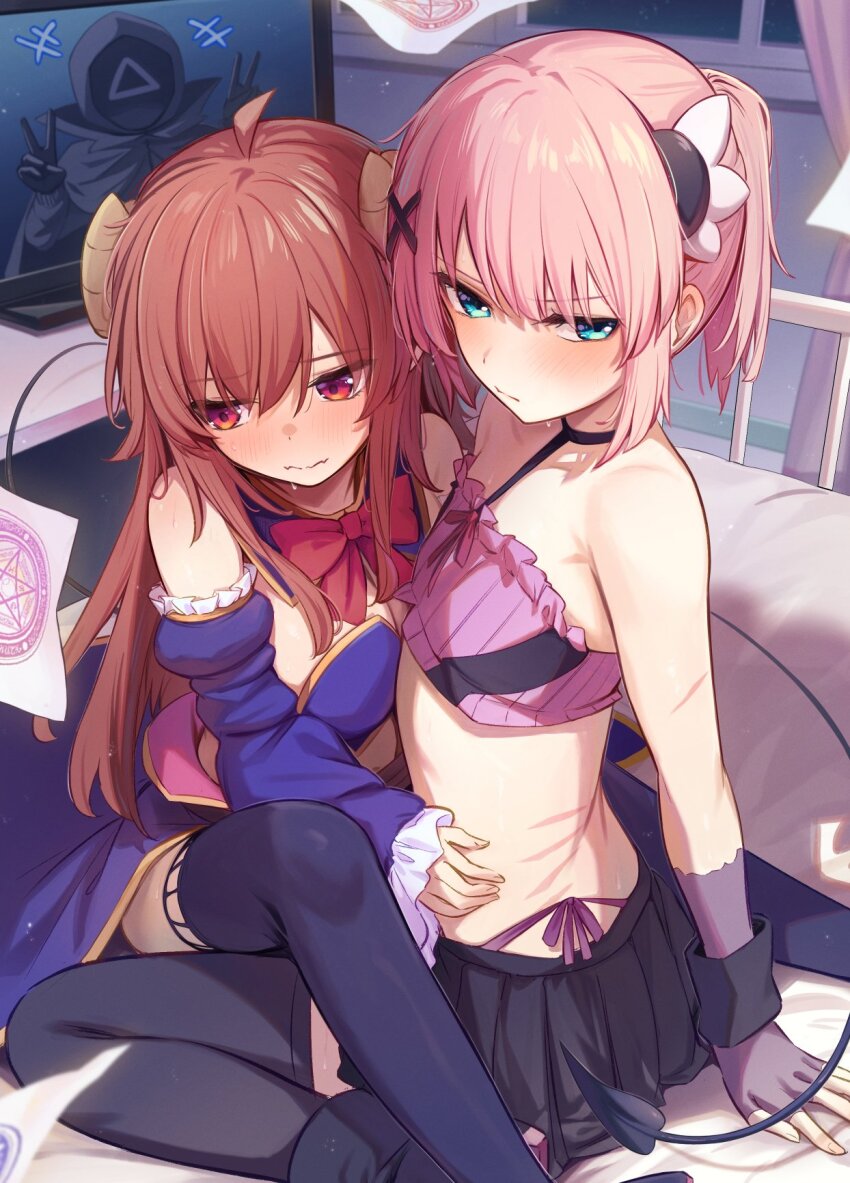 1other, 2girls, ahoge, ambiguous_gender, black_skirt, black_thighhighs, blue_sleeves, borushichi