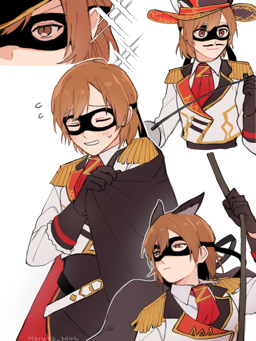 1girl, aiguillette, aijo_karen, black_cape, black_gloves, blush, brown_eyes, brown_hair