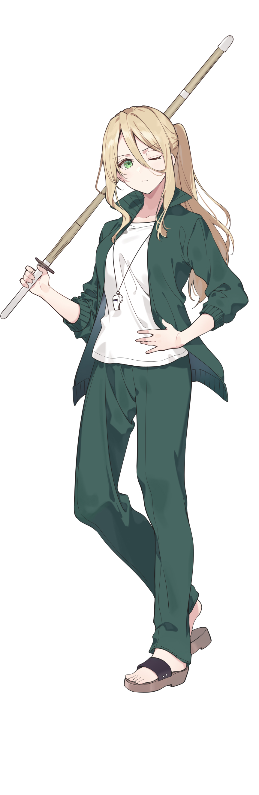 1girl, absurdres, blonde_hair, braid, closed_mouth, collared_jacket, full_body, green_eyes