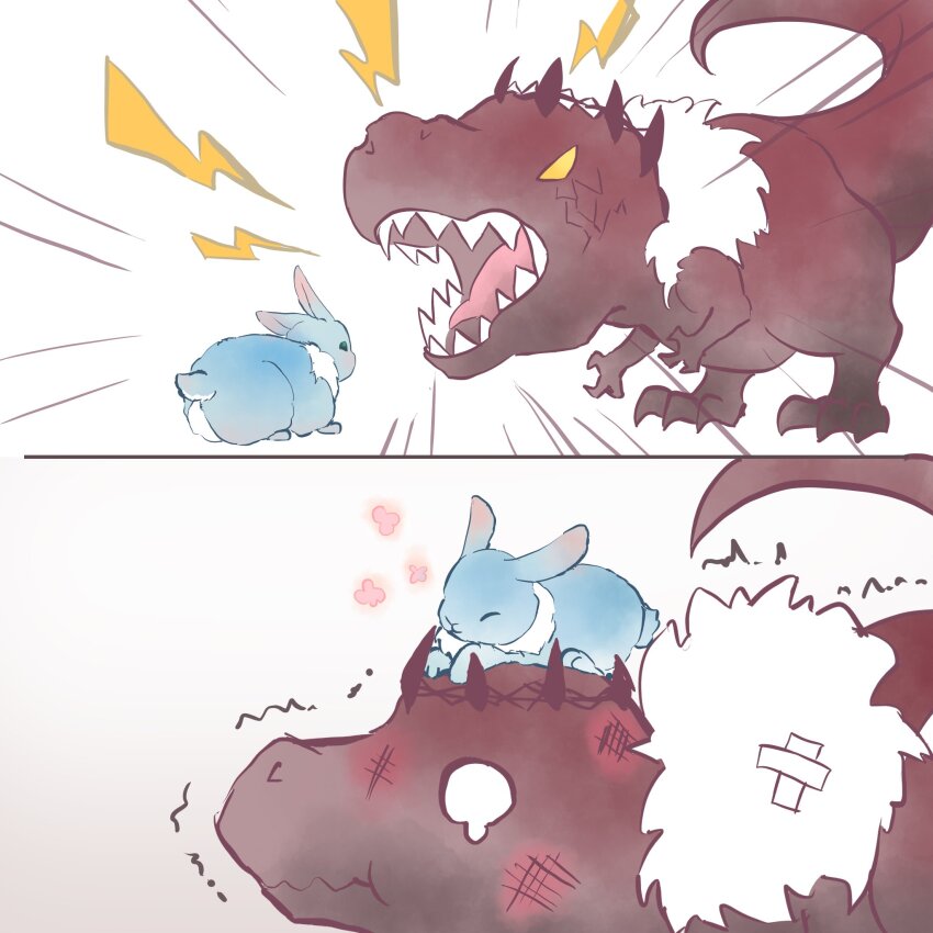 animal, animal_on_head, bandages, beaten, blue_fur, closed_eyes, closed_mouth, crown, dinosaur, fur_trim, green_eyes, highres, holostars, holostars_english, injury, jurard_t_rexford, lampu_kuroro, no_humans, on_head, open_mouth, rabbit, regis_altare, roaring, scared, sharp_teeth, tail, tearing_up, teeth, trembling, tyrannosaurus_rex, virtual_youtuber, white_background, white_fur, yellow_eyes