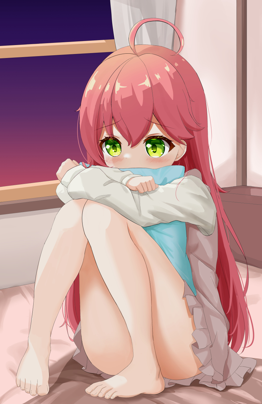 1girl, absurdres, ahoge, barefoot, blush, curtains, ekarisu, green_eyes