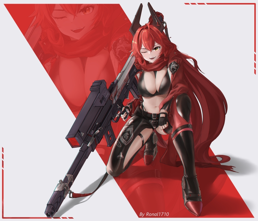 1girl, ;d, absurdres, ahoge, anti-materiel_rifle, artist_name, barrett_m82a2, between_breasts