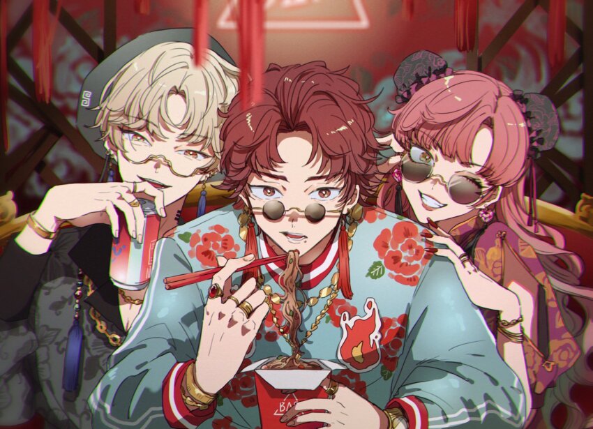 1other, 2boys, anne_faulkner, bae_(paradox_live), blonde_hair, bracelet, brown_eyes, chinese_clothes