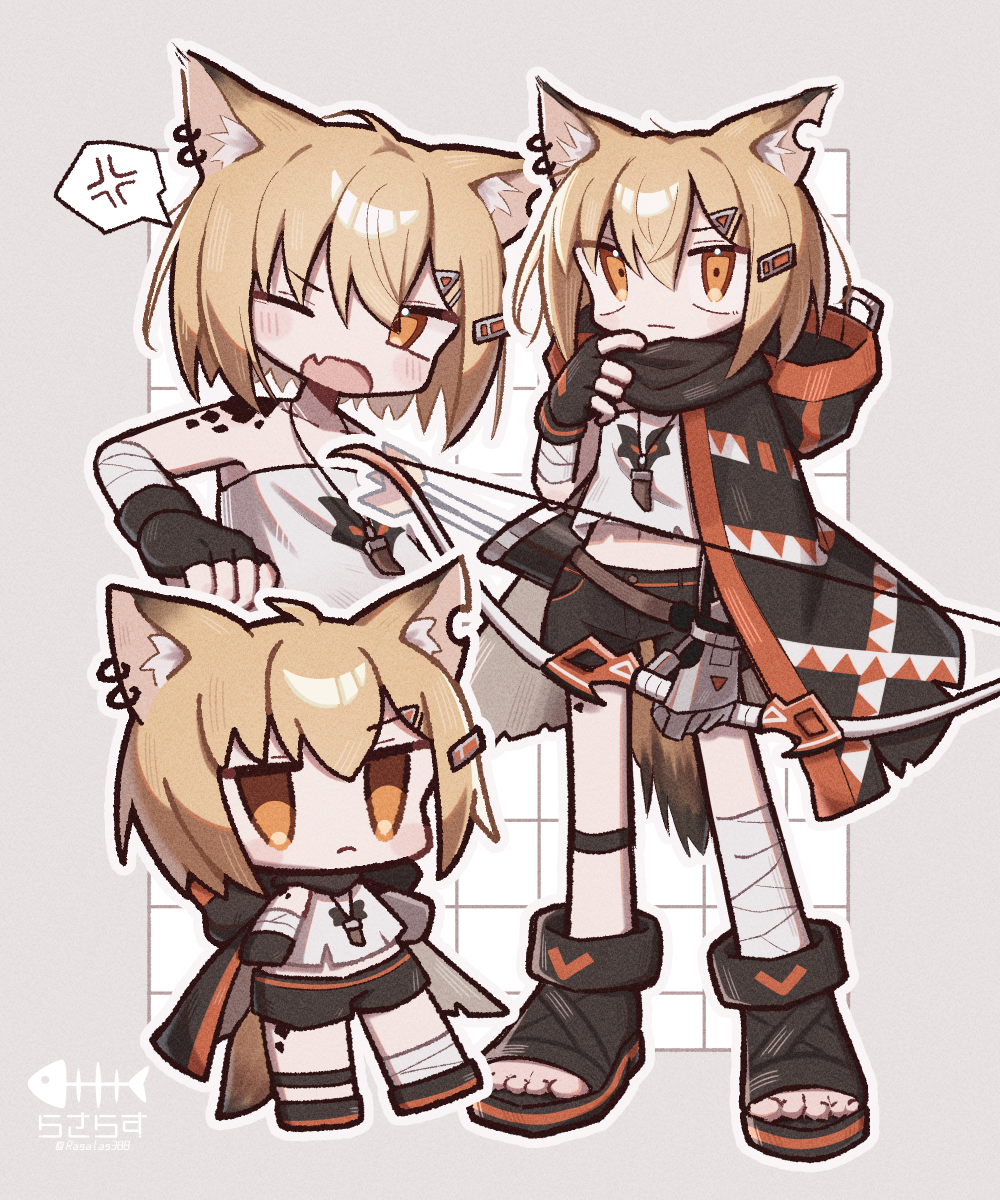 1girl, ahoge, animal_ear_piercing, animal_ears, arknights, black_cape, black_gloves, black_shorts
