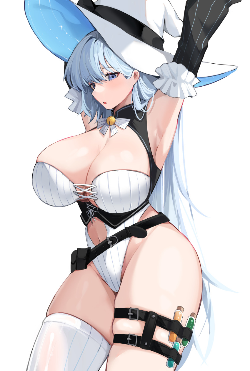 1girl, absurdres, arm_up, armpits, blue_eyes, blue_hair, breasts, cleavage
