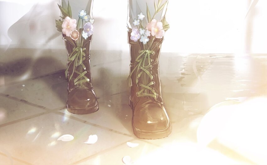 1boy, blue_flower, boots, brown_boots, brown_flower, ensemble_stars!, flower, flower_in_footwear