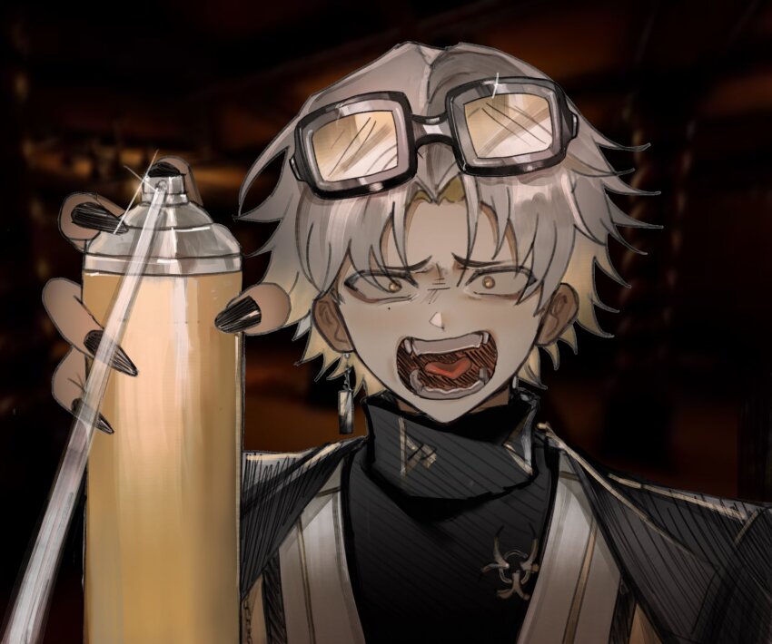 1boy, aerosol, algorhythm_project, black_nails, blonde_hair, bug_spray, dacapo_(algorhythm_project), earrings