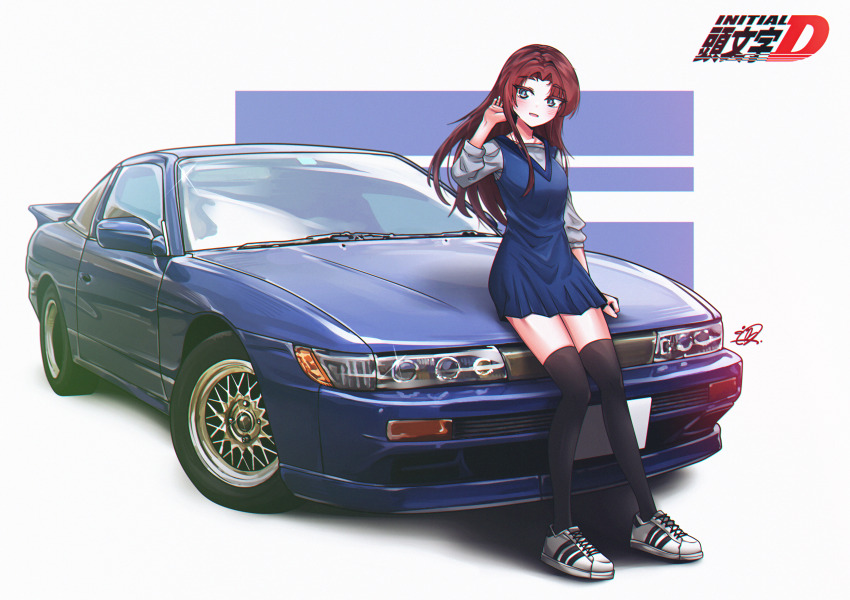 1girl, absurdres, adidas, adidas_superstar, black_thighhighs, blue_dress, blush, breasts