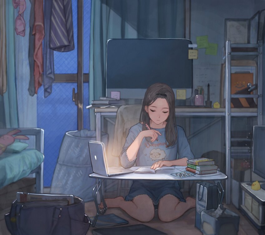 1girl, absurdres, bag, bangs_pinned_back, barefoot, bed, bird, book