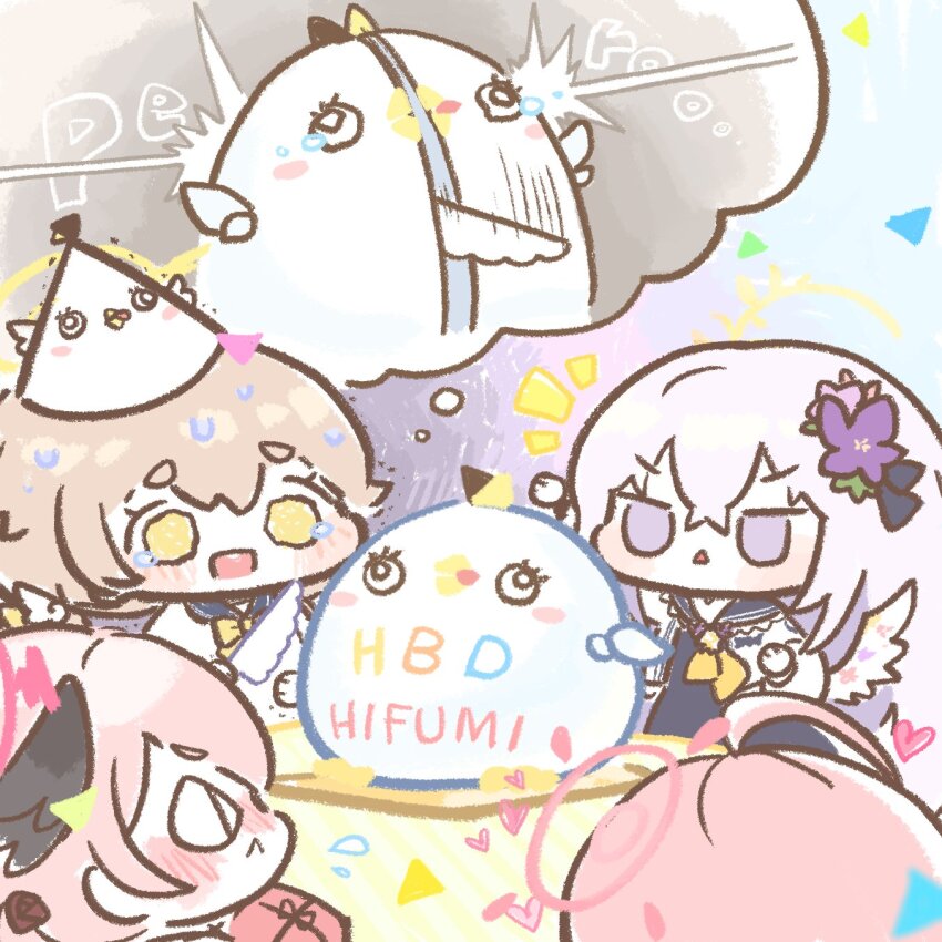 4girls, azusa_(blue_archive), birthday, birthday_cake, blue_archive, blush, cake, chibi