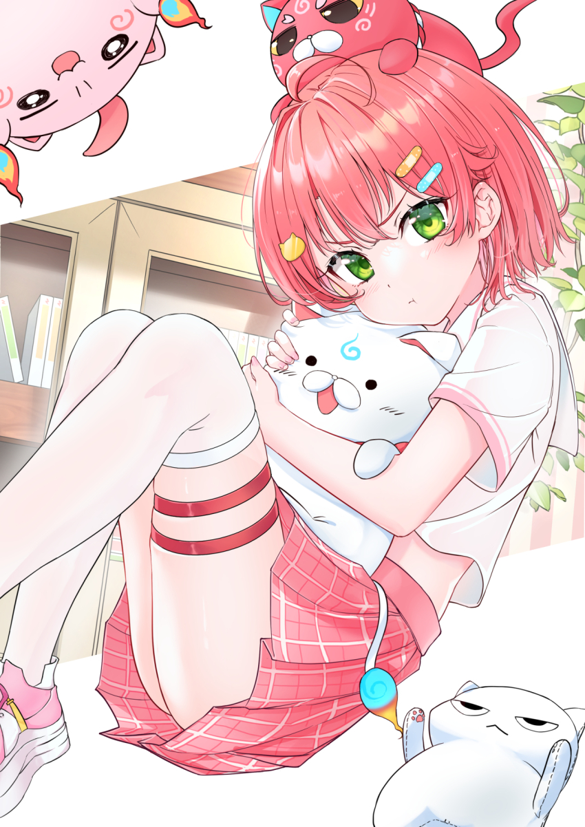 1girl, 35p_(sakura_miko), ahoge, animal, animal_on_head, bandaid, bandaid_hair_ornament, blush