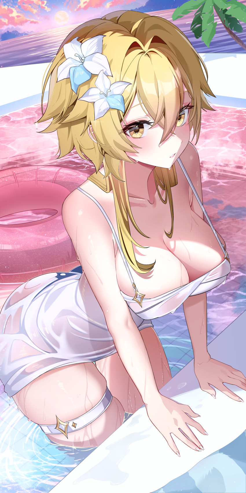 1girl, absurdres, aqua74286, blonde_hair, breasts, cloud, collarbone, commentary