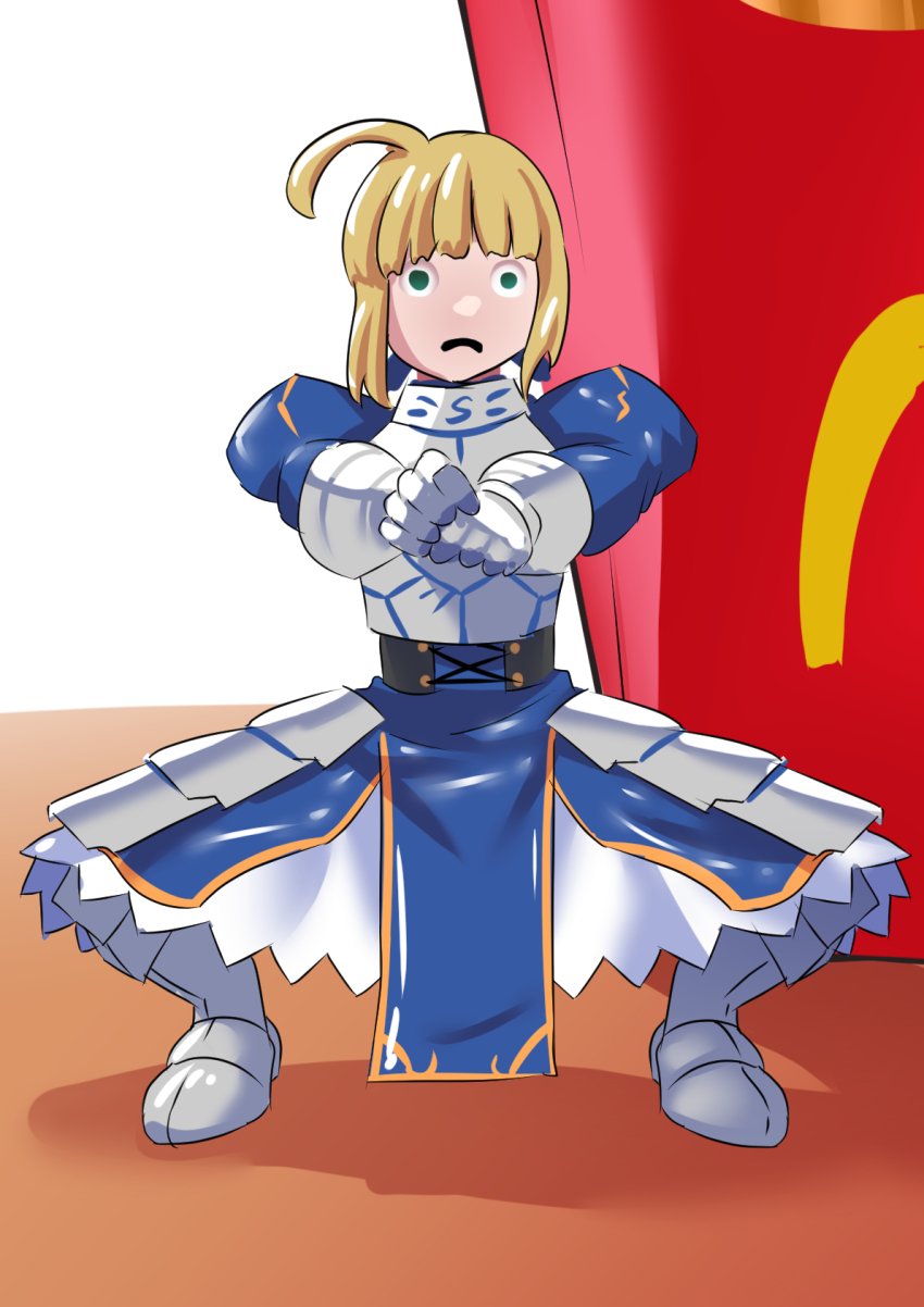 ahoge, armor, armored_boots, armored_dress, artoria_pendragon_(fate), balancing_sasuke, blonde_hair, blue_dress, boots, dress, fate/stay_night, fate_(series), figure, food, french_fries, green_eyes, highres, mcdonald's, meme, saber_(fate), sader, squatting, white_background, yakuoyoso