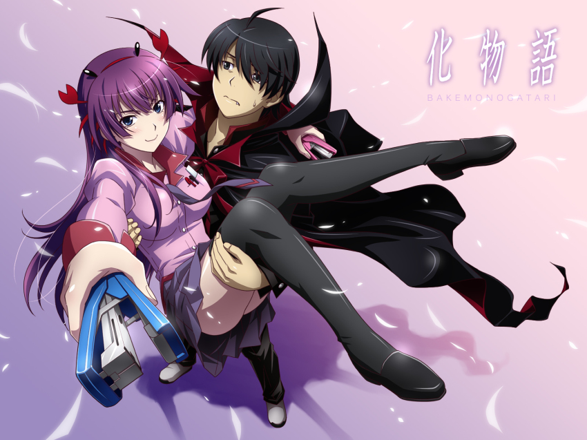 1boy, 1girl, araragi_koyomi, bakemonogatari, blue_eyes, blush, carrying, cosplay