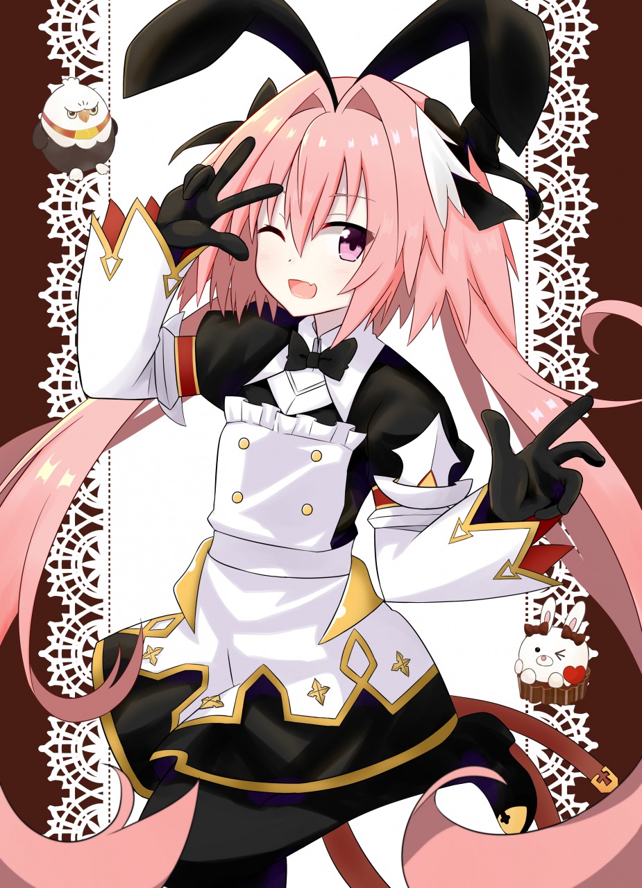 1boy, astolfo_(fate), astolfo_(saber)_(fate), astolfo_(saber)_(third_ascension)_(fate), black_bow, black_bowtie, black_gloves, black_ribbon, blush, bow, bowtie, dress, fate/grand_order, fate_(series), gloves, hair_bow, hair_intakes, hair_ornament, hair_ribbon, heart, highres, hippogriff_(fate), kitara_koichi, long_hair, looking_at_viewer, male_focus, multicolored_hair, open_mouth, pink_hair, purple_eyes, rabbit, ribbon, smile, solo, streaked_hair, trap, twintails, very_long_hair, white_hair