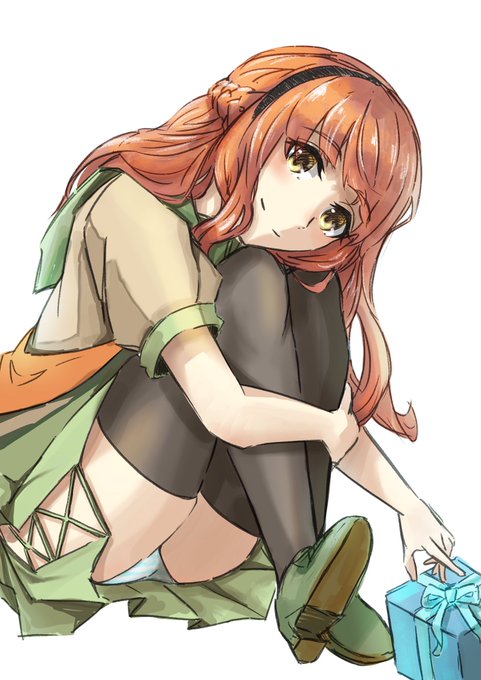 1girl, black_thighhighs, blue_panties, blush, braid, braided_bun, brown_serafuku, curly_hair