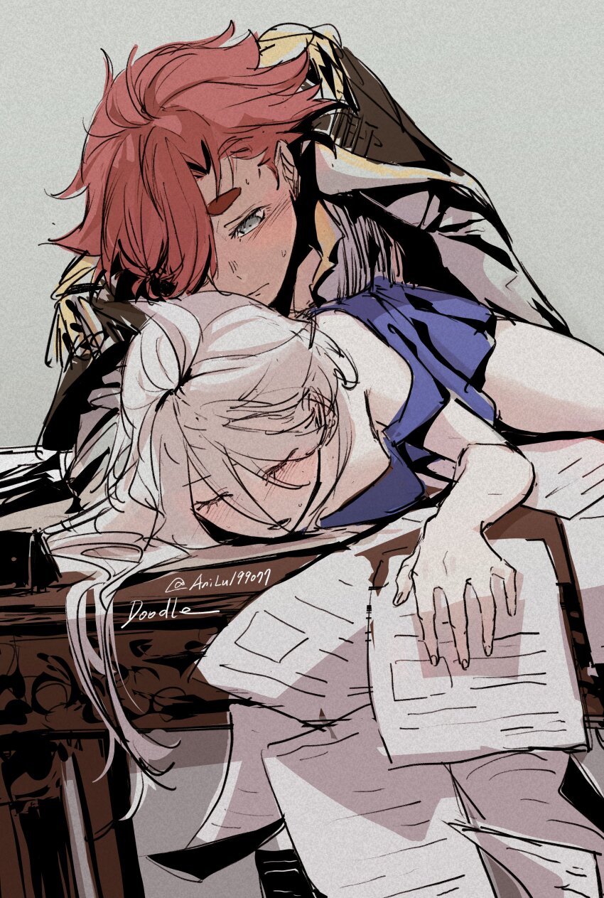 2girls, absurdres, ani_lu, blush, closed_eyes, closed_mouth, commentary_request, epaulettes, grey_hair, gundam, gundam_suisei_no_majo, highres, implied_fingering, long_hair, miorine_rembran, multiple_girls, paper, parted_lips, suletta_mercury, twitter_username, yuri