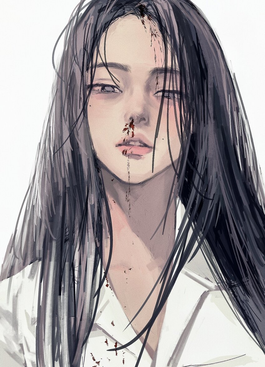 1girl, black_hair, blood, blood_on_face, commentary, grey_eyes, highres, lee_q_p