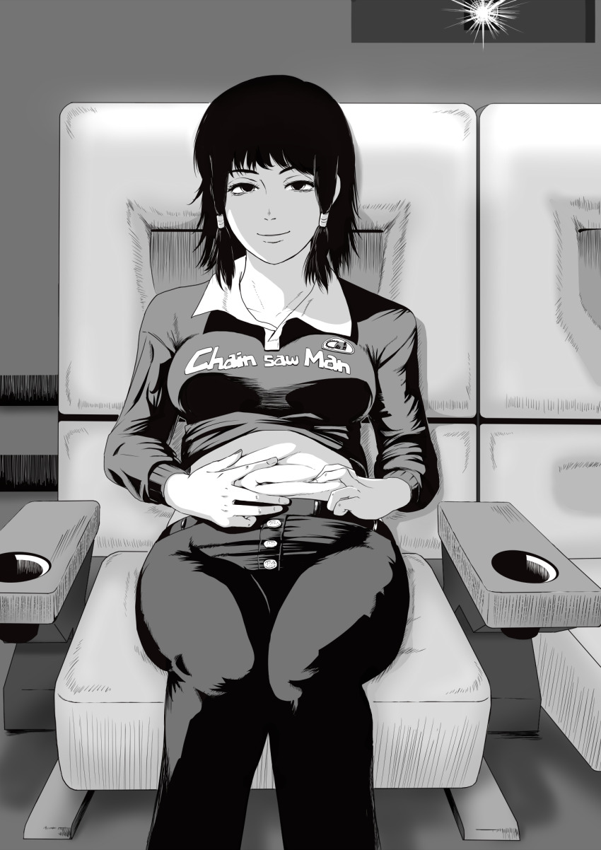 1girl, chainsaw_man, chair, closed_mouth, copyright_name, cropped_shirt, greyscale, hand_on_own_stomach
