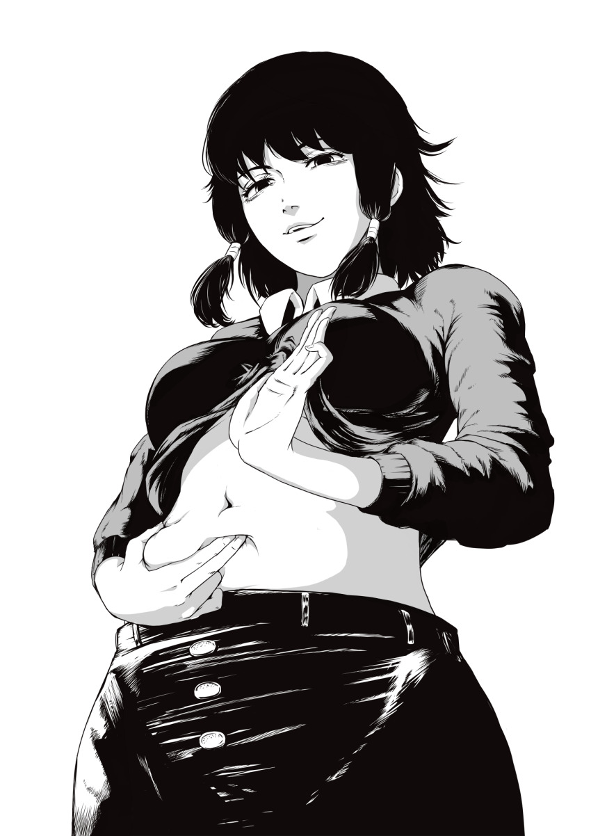 1girl, chainsaw_man, cropped_shirt, greyscale, hand_on_own_stomach, highres, k.rikina, midriff