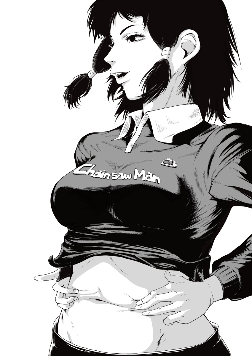 1girl, chainsaw_man, copyright_name, cropped_shirt, greyscale, hand_on_own_stomach, highres, k.rikina