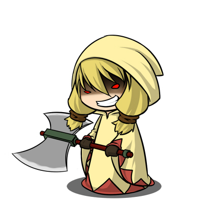 1girl, axe, blonde_hair, chibi, double_bladed_axe, female_focus, final_fantasy, final_fantasy_tactics, full_body, gloves, grin, hood, kyokusetu, long_hair, lowres, red_eyes, robe, simple_background, smile, solo, weapon, white_background, white_mage, white_mage_(fft), white_mage_(final_fantasy)