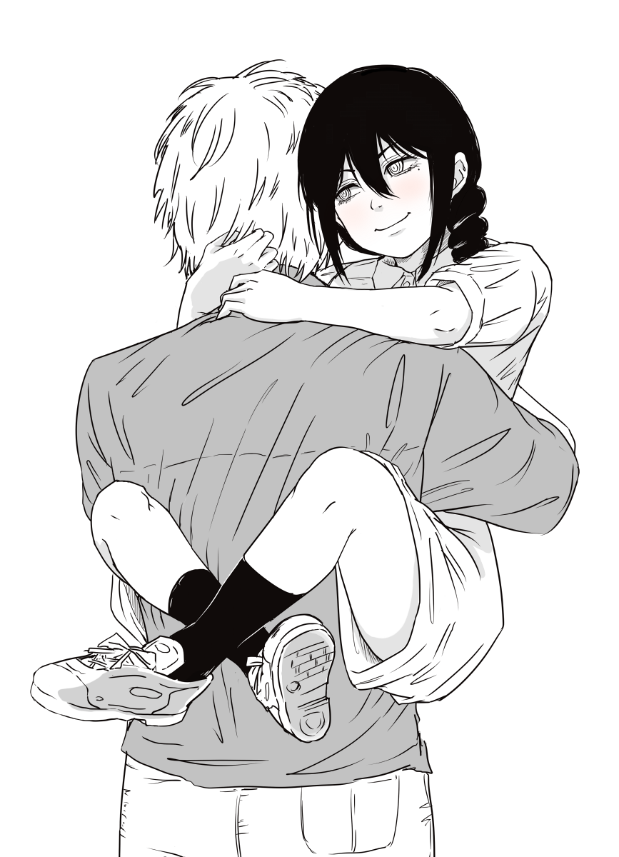 1boy, 1girl, chainsaw_man, closed_mouth, denji_(chainsaw_man), dress, greyscale, highres, hug, k.rikina, leg_lock, long_hair, mole, mole_under_eye, monochrome, nayuta_(chainsaw_man), pants, ringed_eyes, shirt, shoes, short_hair, smile, sneakers