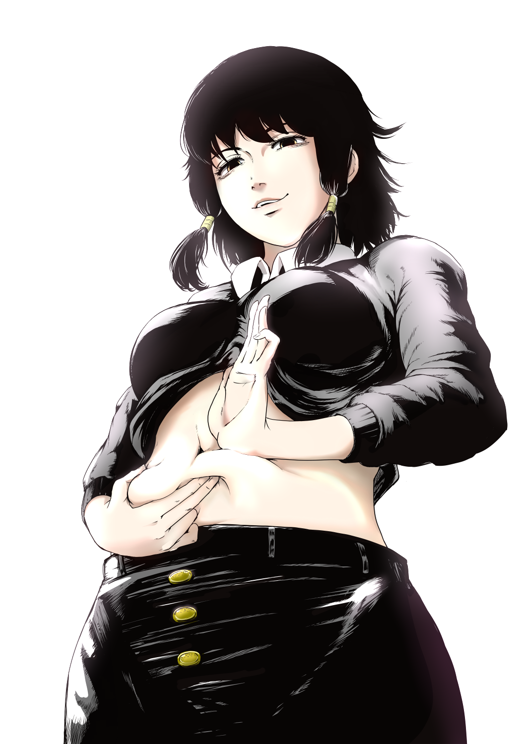 1girl, black_eyes, black_hair, black_pants, black_shirt, chainsaw_man, cropped_shirt, hand_on_own_stomach