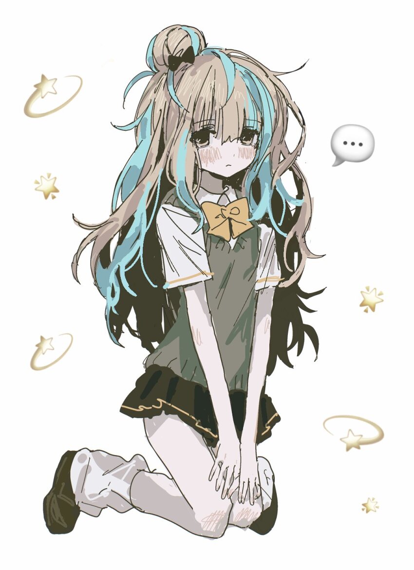 ..., 1girl, artist_request, black_bow, blonde_hair, blue_hair, blunt_bangs, blush