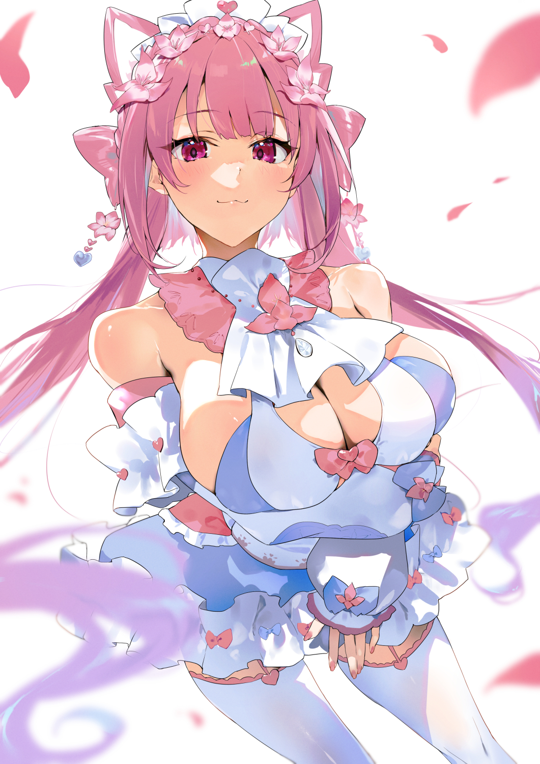 1girl, :3, arms_under_breasts, bare_shoulders, blue_dress, blue_ribbon, breasts, cleavage, detached_sleeves, dress, flower, frilled_headwear, frilled_skirt, frills, garter_straps, hair_flower, hair_ornament, highres, indie_virtual_youtuber, kasumi_komo, large_breasts, light_blush, long_hair, looking_at_viewer, pink_eyes, pink_flower, pink_garter_straps, pink_hair, pink_ribbon, red_nails, ribbon, simple_background, skirt, solo, thighhighs, tsumuka_aisha, twintails, two-tone_dress, virtual_youtuber, white_background, white_dress, white_thighhighs