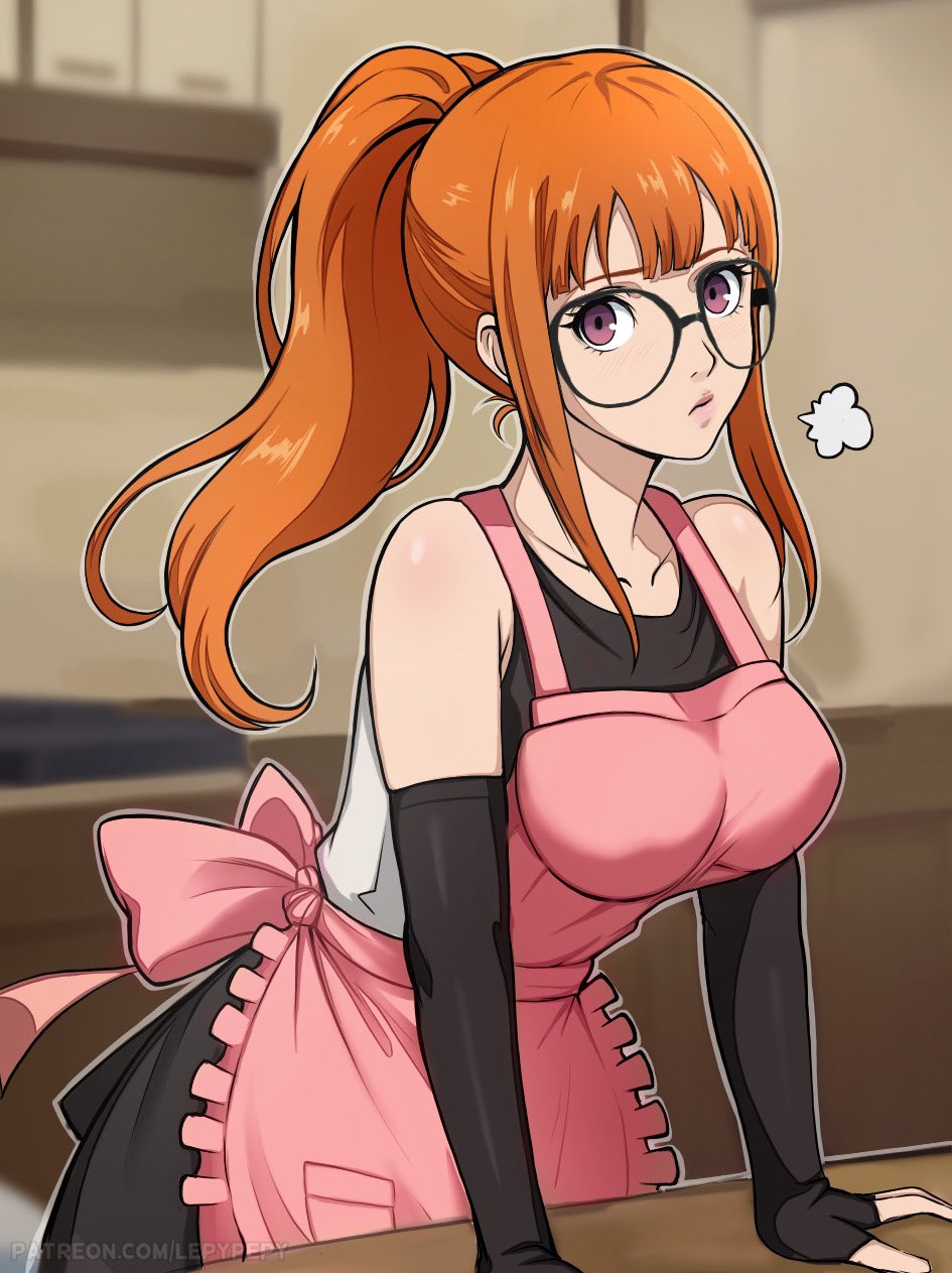 1girl, aged_up, alternate_breast_size, alternate_costume, alternate_hairstyle, apron, black_gloves, blurry, blurry_background, breasts, closed_mouth, collarbone, elbow_gloves, fingerless_gloves, frilled_apron, frills, glasses, gloves, highres, lepypepy, lips, looking_at_viewer, medium_breasts, orange_hair, persona, persona_5, persona_5_tactica, pink_apron, puff_of_air, purple_eyes, sakura_futaba, solo, table
