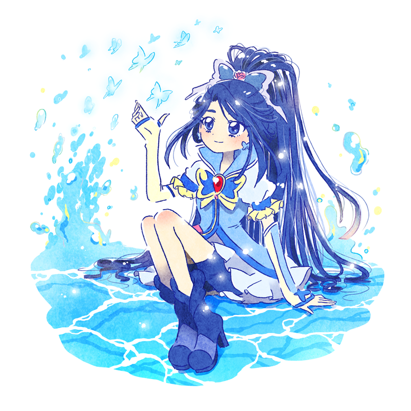 1girl, bike_shorts, bike_shorts_under_skirt, blue_eyes, blue_hair, bow, brooch, bug