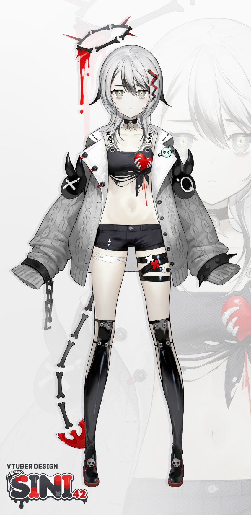 1girl, absurdres, black_choker, black_hair, black_shorts, black_thighhighs, bone_halo, cardigan, character_name, choker, closed_mouth, crop_top, full_body, grey_cardigan, grey_eyes, grey_hair, hair_ornament, highres, indie_virtual_youtuber, light_frown, long_sleeves, looking_at_viewer, multicolored_hair, open_cardigan, open_clothes, shorts, sini42, sleeves_past_fingers, sleeves_past_wrists, solo, soyoong_jun, streaked_hair, tail, thigh_strap, thighhighs, virtual_youtuber, yellow_pupils