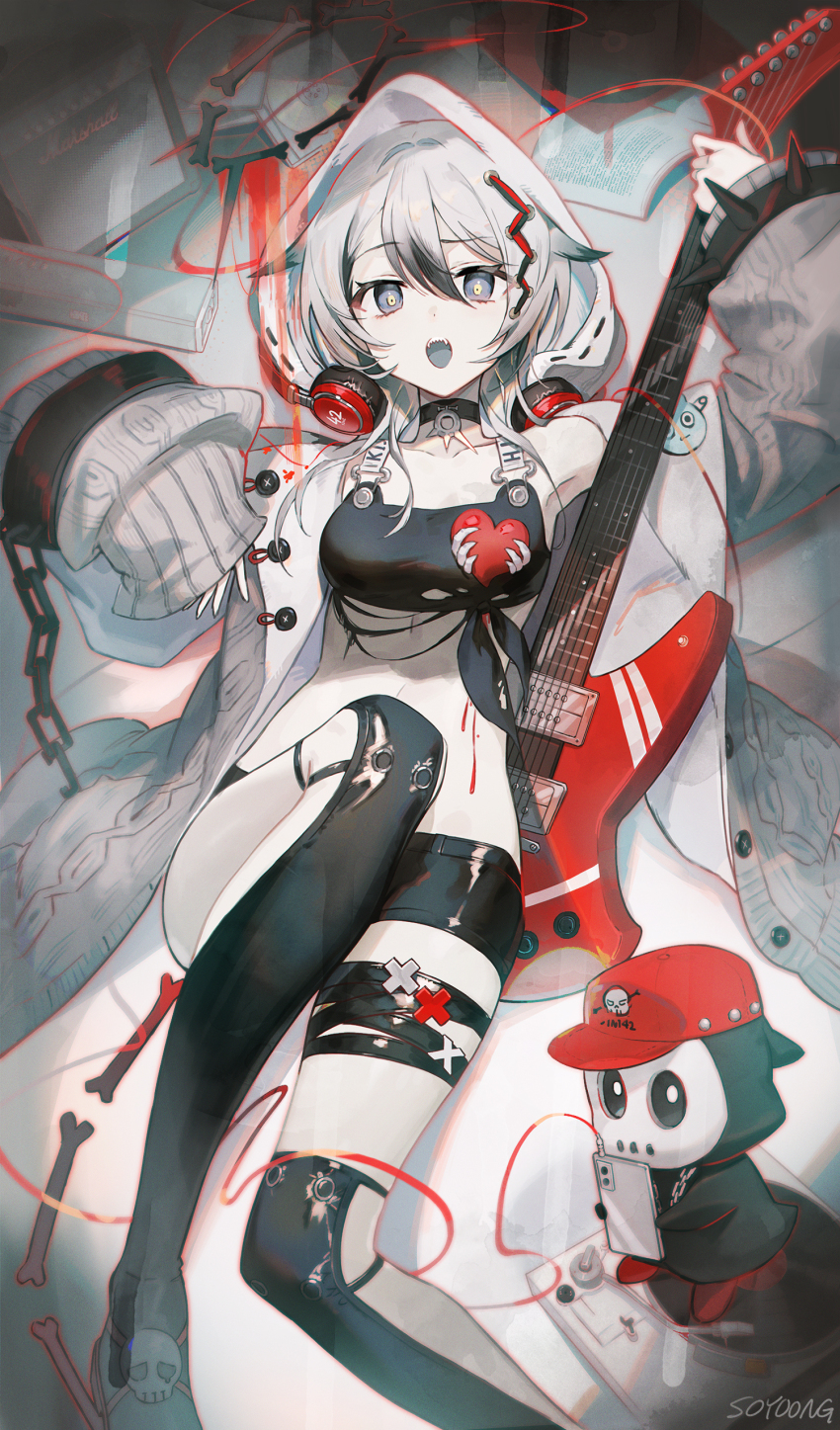 1girl, absurdres, black_choker, black_hair, black_shorts, black_thighhighs, bone_halo, breasts