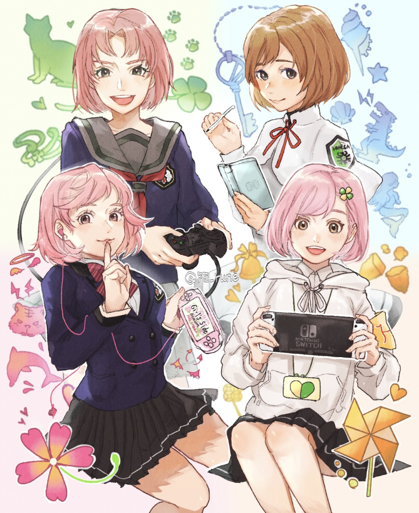 4girls, :d, angel_wings, badge, black_skirt, blazer, blue_jacket, blue_shirt, bob_cut, brown_eyes, brown_hair, cable, capelet, cat, closed_mouth, clover, collared_shirt, dolphin, drawstring, dress, earphones, fe_rune, finger_to_mouth, flower, four-leaf_clover, green_eyes, grey_dress, grey_eyes, grey_sailor_collar, habataki_academy_school_uniform, hair_ornament, hairclip, halo, handheld_game_console, hands_up, hanegasaki_academy_school_uniform, heart, highres, holding, holding_handheld_game_console, holding_stylus, hood, hood_down, hoodie, in-franchise_crossover, index_finger_raised, invisible_chair, jacket, jewelry, key, key_necklace, looking_at_viewer, mermaid, miniskirt, monster_girl, multiple_girls, necklace, nintendo_ds, nintendo_switch, open_mouth, parted_bangs, paw_print, pendant, pink_eyes, pink_flower, pink_hair, pinwheel, playstation_portable, pleated_skirt, product_placement, protagonist_(tokimemo_gs), protagonist_(tokimemo_gs2), protagonist_(tokimemo_gs3), protagonist_(tokimemo_gs4), ring, sailor_collar, school_uniform, seashell, serafuku, shell, shirt, shushing, simple_background, sitting, skirt, smile, stylus, swept_bangs, tiger, tokimeki_memorial, tokimeki_memorial_girl's_side, tokimeki_memorial_girl's_side_1st_love, tokimeki_memorial_girl's_side_2nd_kiss, tokimeki_memorial_girl's_side_3rd_story, tokimeki_memorial_girl's_side_4th_heart, white_capelet, white_hoodie, white_shirt, wings