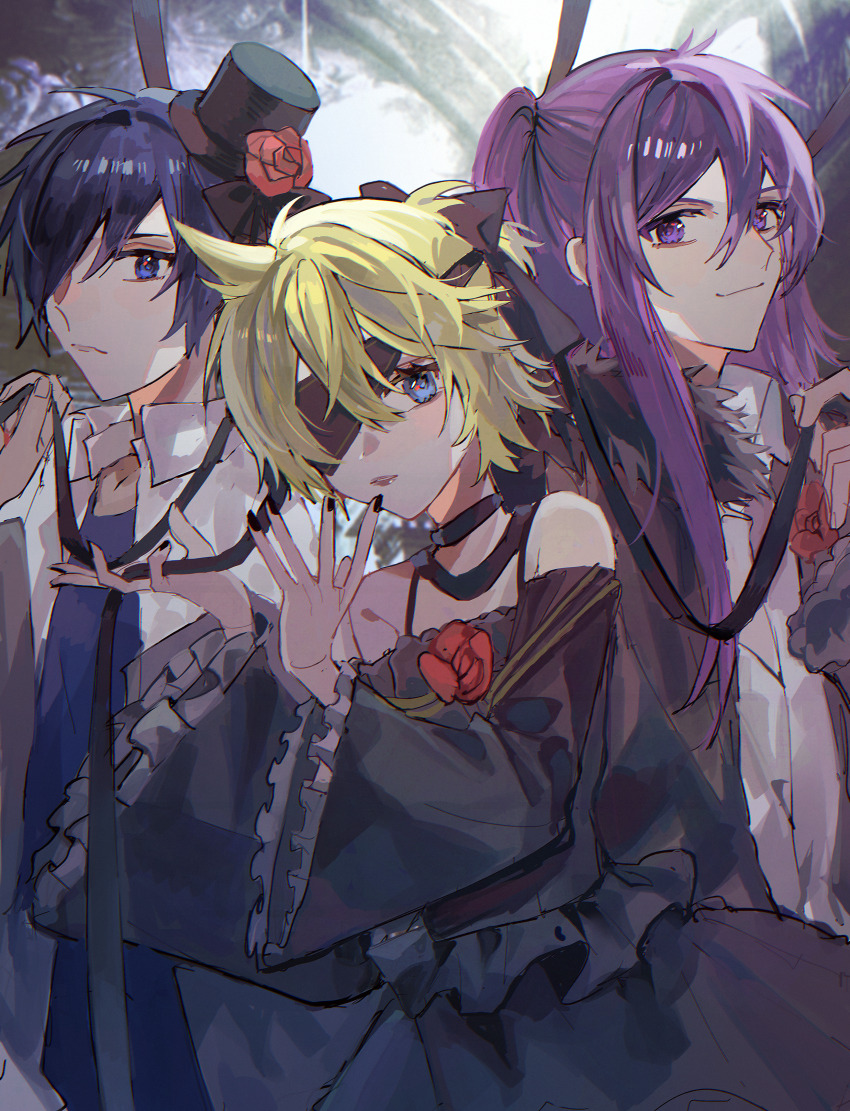 3boys, absurdres, black_dress, black_nails, black_ribbon, blonde_hair, blue_eyes, blue_hair, blush, closed_mouth, clothing_cutout, crossdressing, crossdressing_(mtf), dress, facing_viewer, flower, hair_between_eyes, hat, high_ponytail, highres, kagamine_len, kaito_(vocaloid), kamui_gakupo, lipstick, long_hair, looking_at_viewer, makeup, male_focus, mini_hat, mini_top_hat, multiple_boys, nidu_(2du_du), ponytail, purple_eyes, purple_hair, red_flower, red_rose, ribbon, rose, short_hair, shoulder_cutout, smile, top_hat, trap, upper_body, vanan'ice, vocaloid