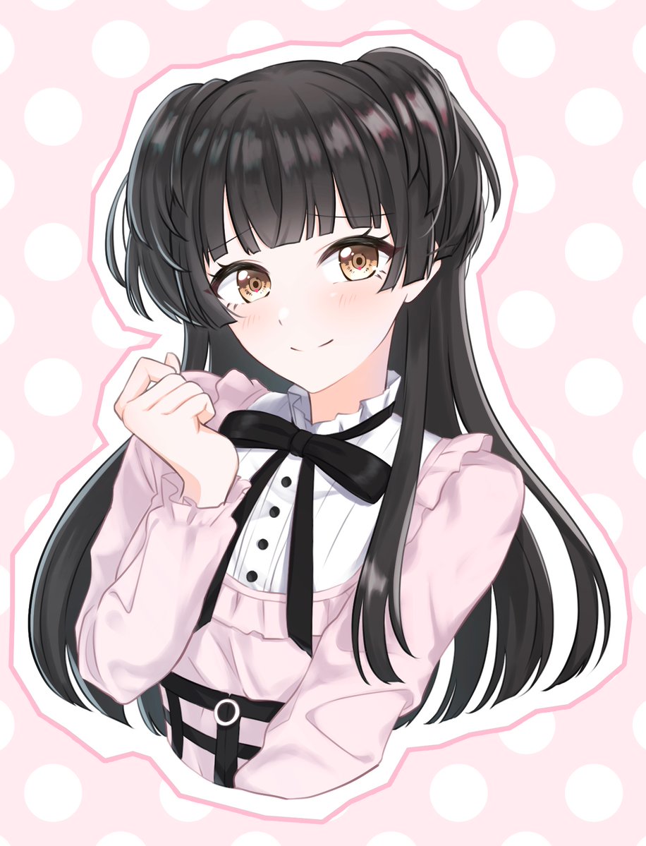 1girl, black_hair, black_ribbon, brown_eyes, buttons, clenched_hand, commentary_request, eyelashes