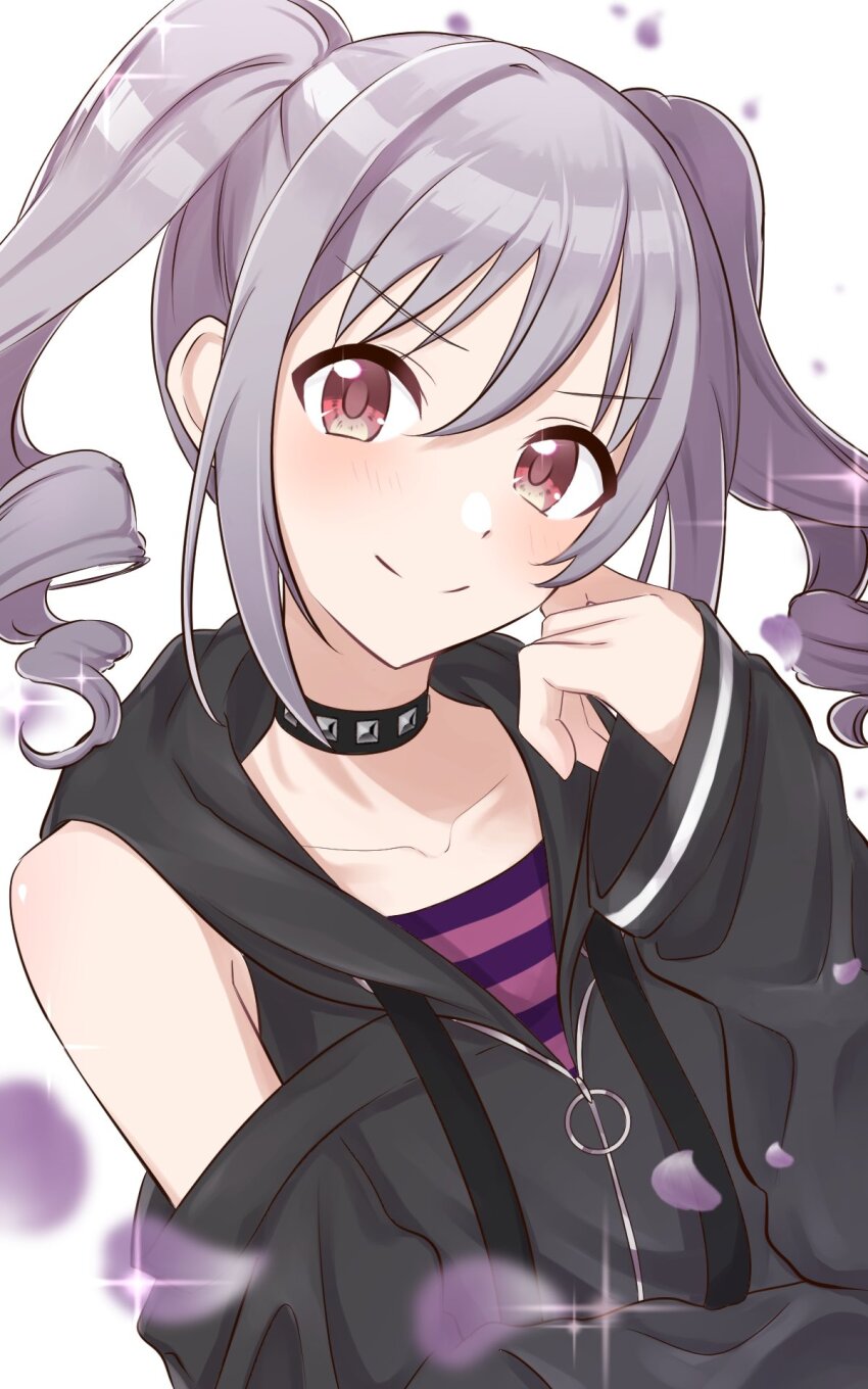 1girl, black_choker, black_jacket, blurry, blurry_foreground, blush, choker, collarbone, commentary_request, cosplay, drill_hair, grey_hair, hand_up, highres, hood, hooded_jacket, idolmaster, idolmaster_cinderella_girls, jacket, kamizurucosmo, kanzaki_ranko, long_hair, long_sleeves, looking_at_viewer, petals, purple_shirt, red_eyes, shirt, sidelocks, smile, solo, sparkle, striped_clothes, striped_shirt, tanaka_mamimi_(cosplay), twintails, upper_body, v-shaped_eyebrows, white_background, zipper_pull_tab