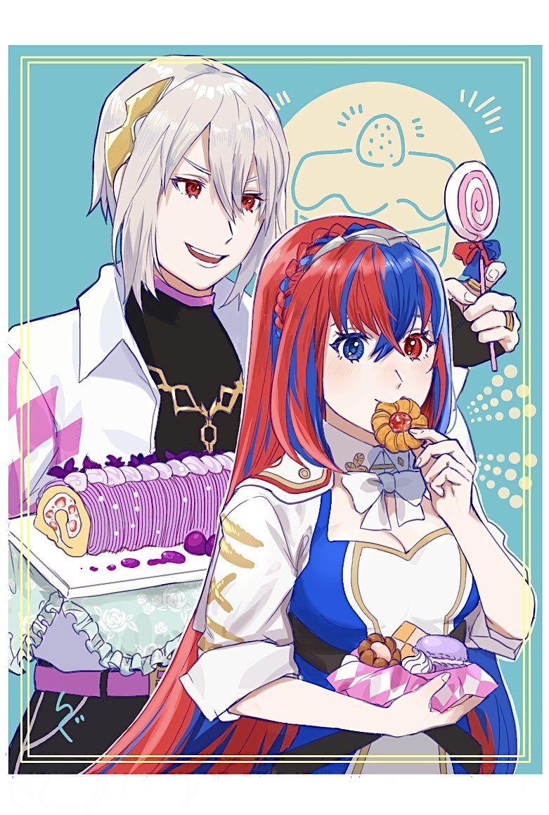 1boy, 1girl, female_alear_(fire_emblem), blue_eyes, blue_hair, braid, cake, candy