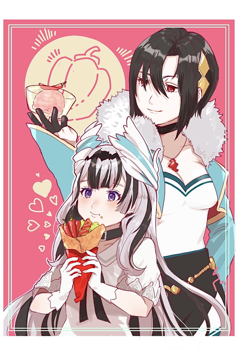 2girls, black_choker, black_gloves, black_hair, breasts, choker, cleavage, cleavage_cutout, closed_mouth, clothing_cutout, dress, fe_rune, feather_hair_ornament, feathers, fire_emblem, fire_emblem_engage, food, fur_trim, gloves, hair_ornament, holding, holding_food, jacket, jewelry, medium_breasts, multicolored_hair, multiple_girls, necklace, nel_(fire_emblem), nintendo, purple_eyes, red_eyes, short_hair, split-color_hair, two-tone_hair, veyle_(fire_emblem), white_gloves, white_hair