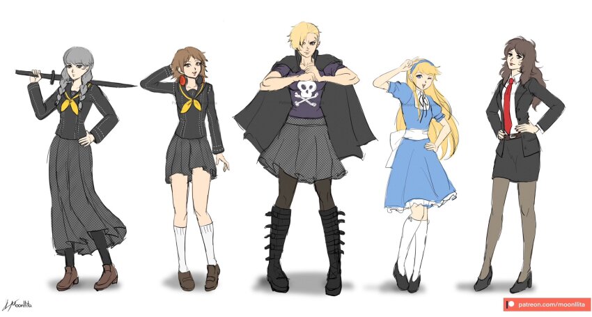 akechi_gorou, boots, genderswap, genderswap_(mtf), hanamura_yousuke, highres, kuma_(persona_4), moonllita