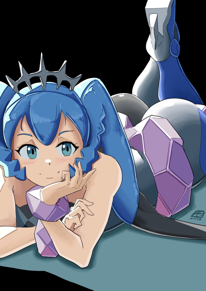 1girl, ass, automatic_giraffe, black_background, blue_eyes, blue_hair, hatsune_miku, high_heels, highres, long_hair, looking_at_viewer, lying, nintendo, on_stomach, poke_ball, pokemon, project_voltage, rock_miku_(project_voltage), signature, vocaloid
