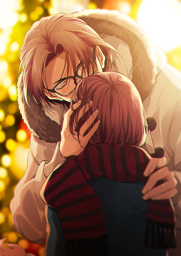 1boy, 1girl, aki_asay, blue_jacket, blurry, blurry_background, coat, commentary